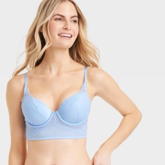 NWT-Auden-Long Line Light Blue Lightly Lined Lace Demi bra w/ Underwire-Size 34B - Picture 1 of 9